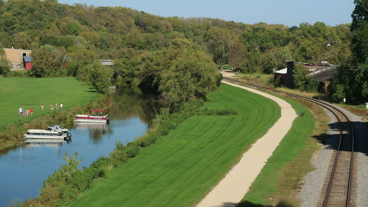 A river winding through green countryside